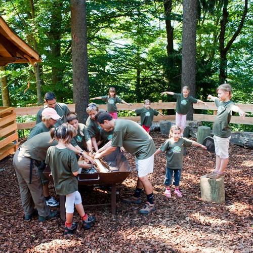 Children and supervisors enjoying a campfire together in front of a fenced-in wooden hut in the forest.